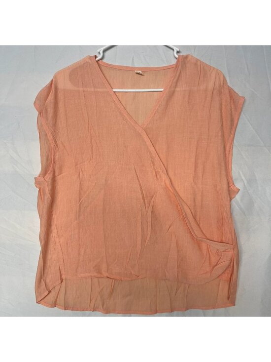 Jin Zi Lai Tops - Jin Zi Lai Women's Peach Sheer Faux Wrap Blouse Short Sleeve Top